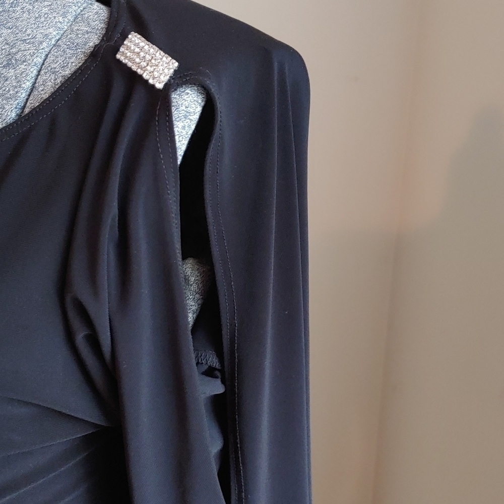 Nik and Nash Black Split Bell Sleeve Dress Rhinestone Shoulder Accent - Picture 3 of 9